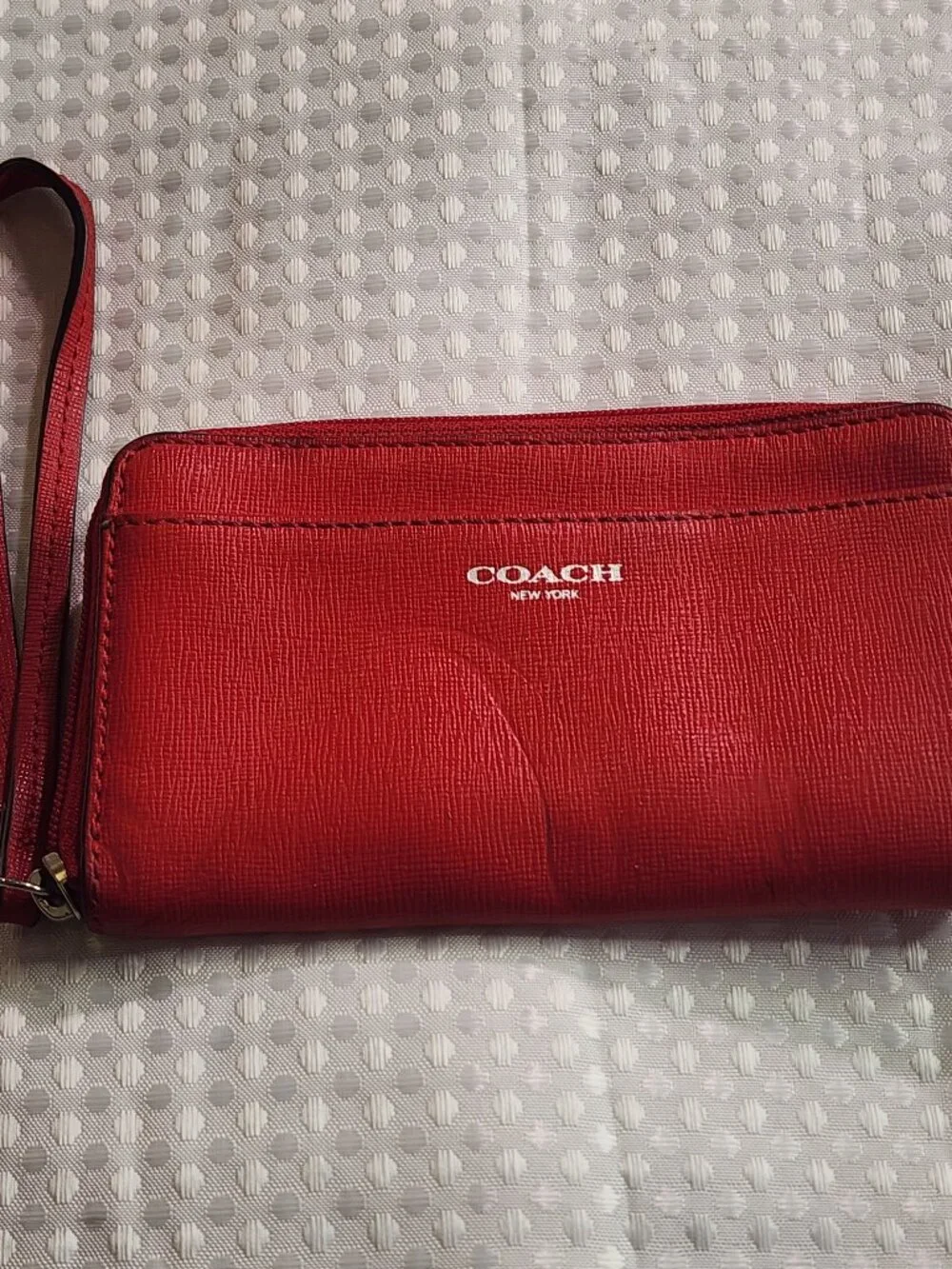 Coach Cross Grain Leather Corner Zip Wristlet Wallet in Red
